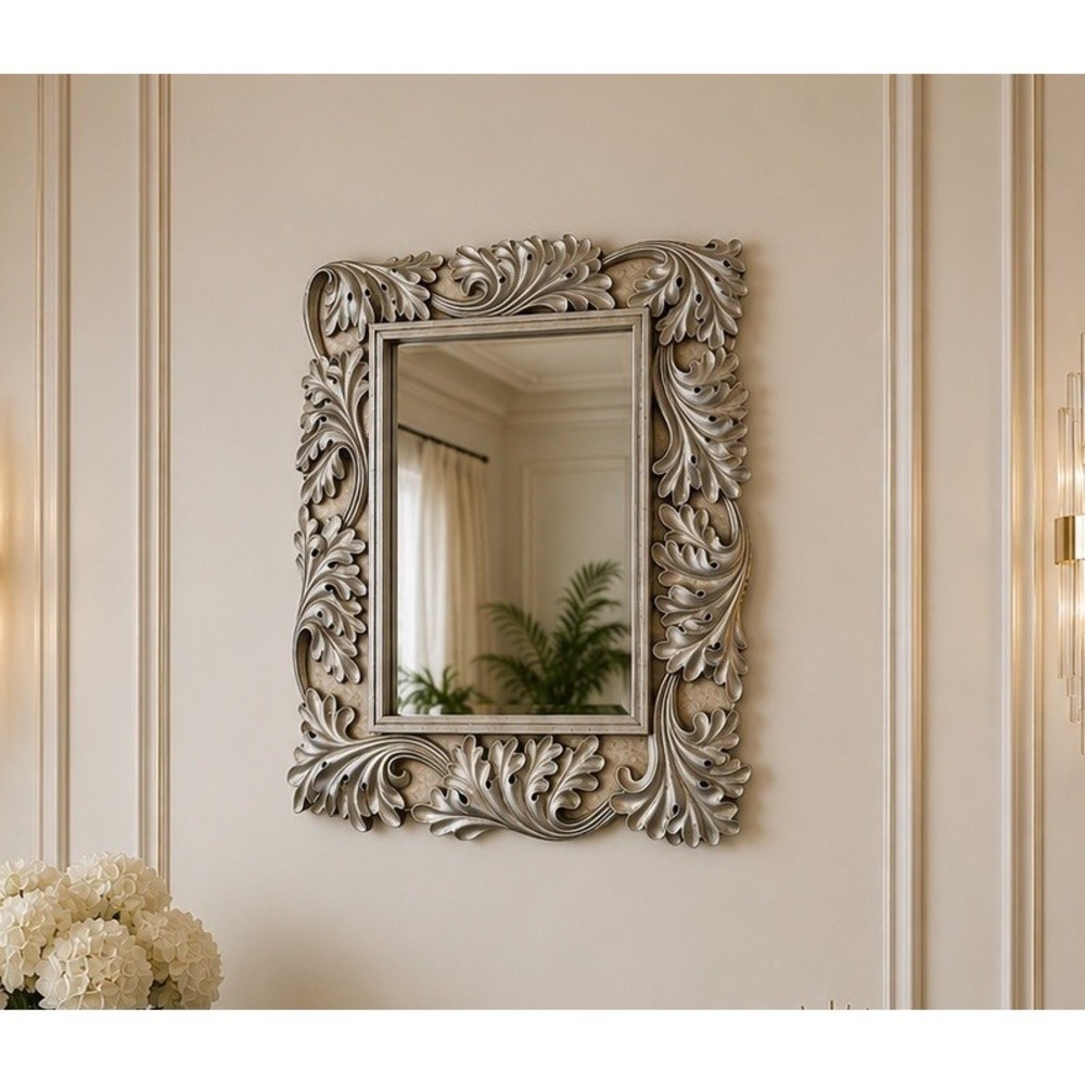 Silver Ornate 15"x13" Mirror Antique Carved Baroque Heavy Wall Hanging Vintage